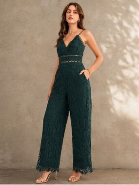 Just Me Hunter Green Crochet Lace Wide-Leg Jumpsuit M New